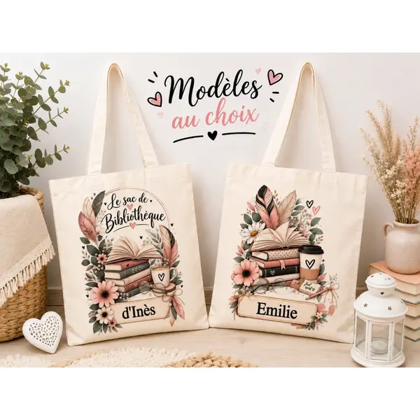 Sac de bibliothèque personnalisé avec prénom – tote bag à livres bohème floral – cadeau lectrice