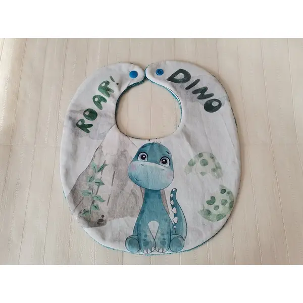Bavoir bébé coton imprimé dinosaure et éponge turquoise