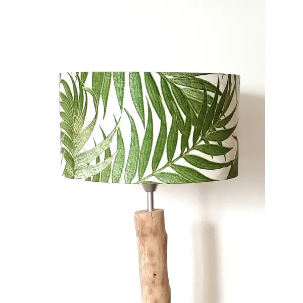 Abat-jour cylindrique feuilles tropicales vertes, luminaire déco exotique, abat jour suspension, fabrication artisanale française