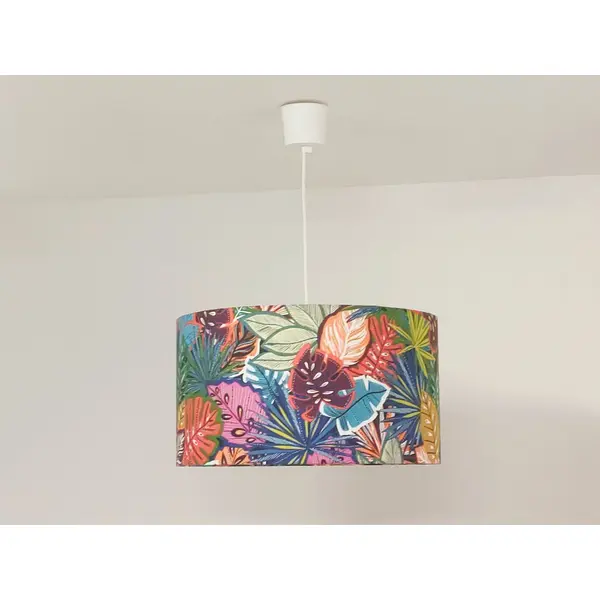 Abat-jour jungle tropicale colorée, feuillage exotique, luminaire déco bohème chic, tissu coton oeko-tex, fabrication française