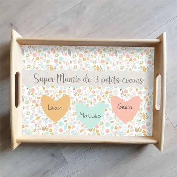 Grand plateau bois personnalisé Petits coeurs | Idée Cadeau fête des mères | Idée Cadeau fête des grands mères
