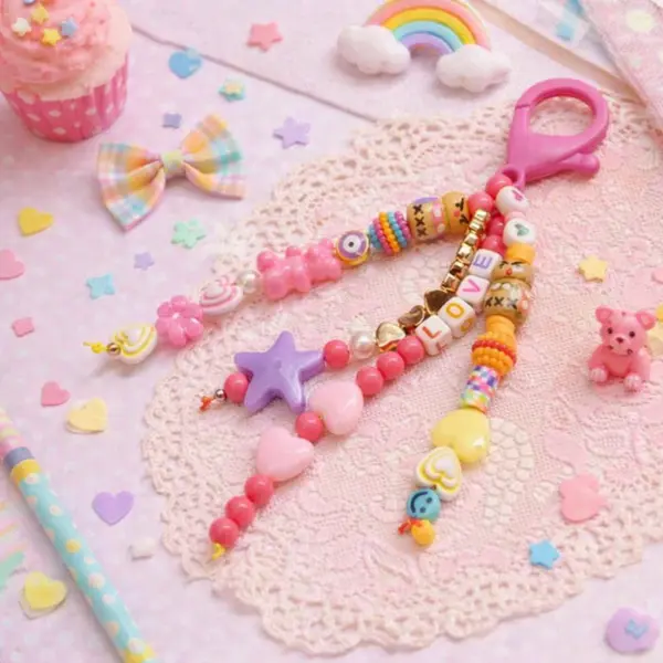Porte cles kawaii avec puces d amour vintage bijou de sac tendance perles colorées breloques cœur unique colré