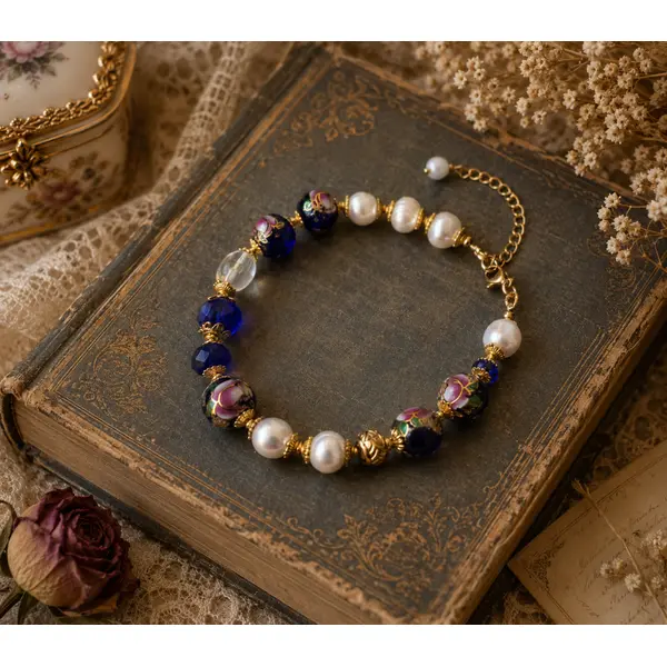 Bracelet femme ajustable intemporel romantique bohème vintage chic véritable perle culture eau douce blanche perle bleue marine fleurie