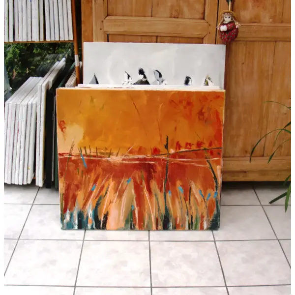 Peinture abstraite au couteau à l'huile sur toile de lin sur châssis : "entre ses rayons"
