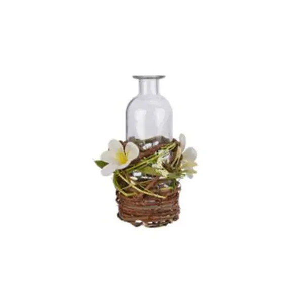 Bouteille en verre avec brindilles et fleurs artificielles - 17 cm