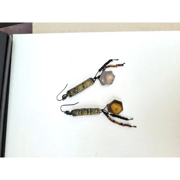 Boucles d'oreille romantiques ethniques, cadeau idéal pour dame avec citrine et rouleaux en céramique !!!! : "le flux des emotions "