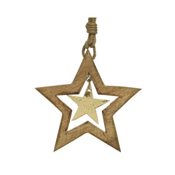 Suspension de Noël en bois : étoile, coloris or - H.30cm