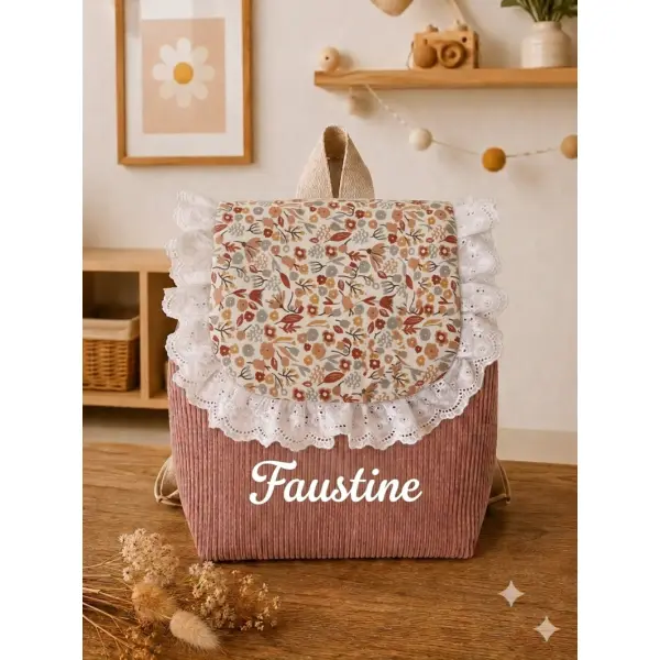 Sac à dos enfant maternelle personnalisé – velours rose poudre & motif floral