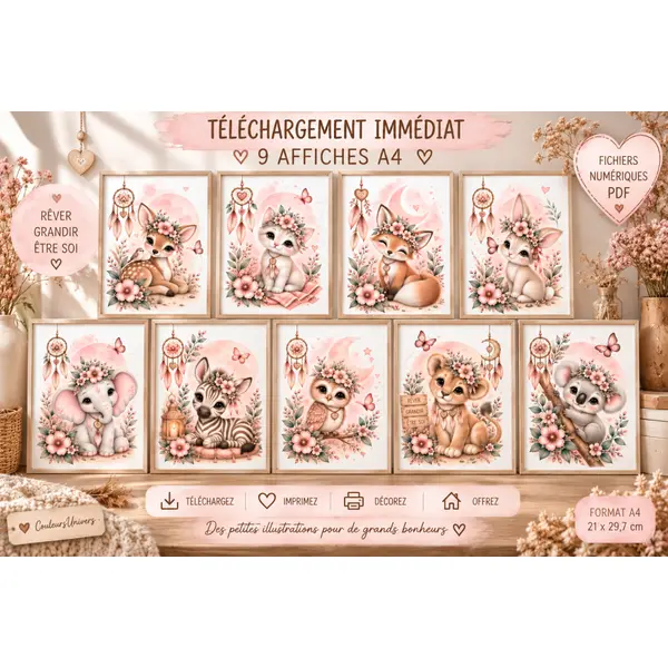 9 affiches animaux fille à télécharger – déco bohème rose – posters a4 - animaux mignons