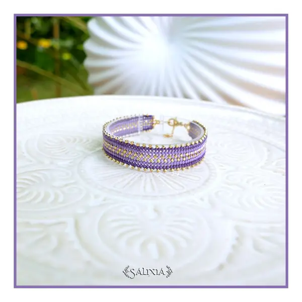 Bracelet tissé à l'aiguille perles de verre japonaises violet et dorées fermoir acier inoxydable doré or fin 18 carats (#bc531)