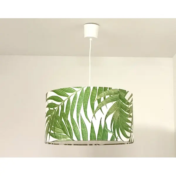 Abat-jour cylindrique feuilles tropicales vertes, luminaire déco exotique, abat jour suspension, fabrication artisanale française