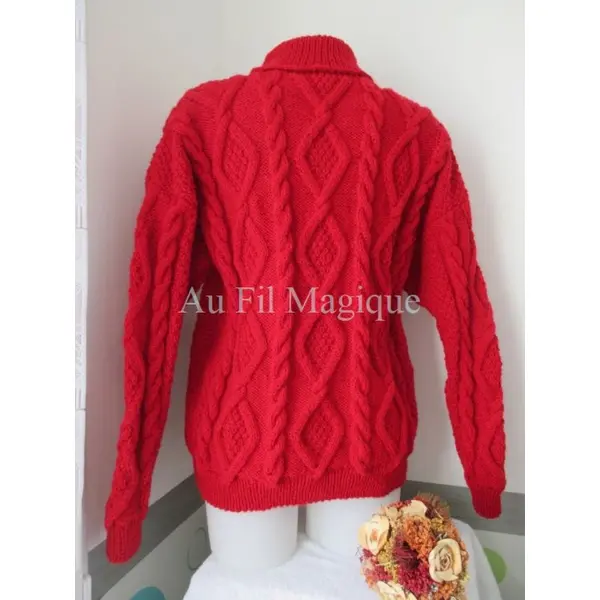 Pull irlandais femme tricot fait-main taille 44/46 couleur rouge