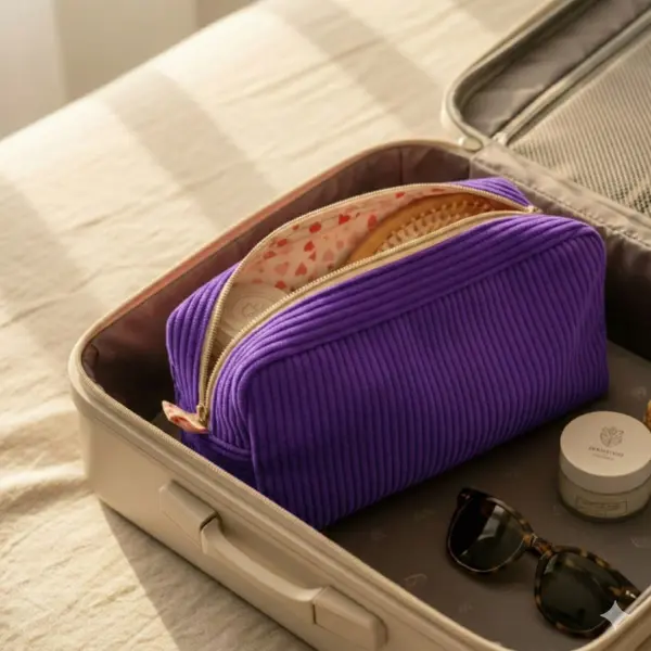 Trousse de toilette lavande personnalisée avec prénom en velours côtelé