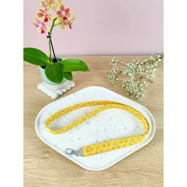 Tour de cou / porte-badge en coton jaune et doré