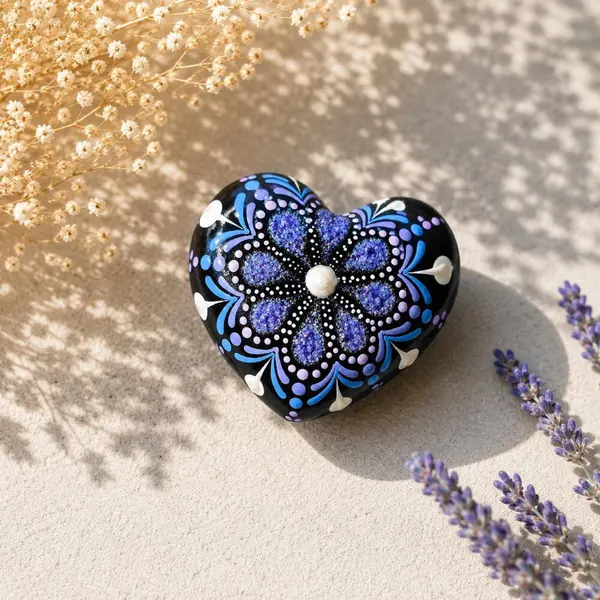 Petit cœur mandala violet pailleté & blanc nacré – peint à la main