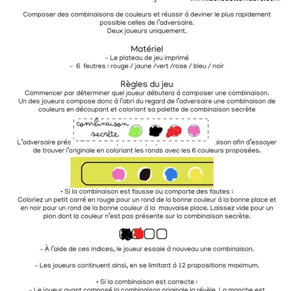 GRATUIT ***A IMPRIMER*** Jeu du Face à face (version revisitée du Mastermind ©)