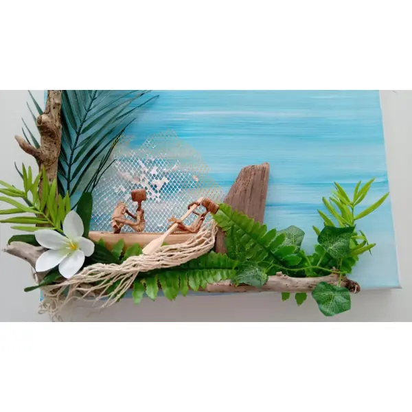 Tableau abstrait peint avec décor tropical marin (bois flotté/barque/feuillage) - 43x44 cm