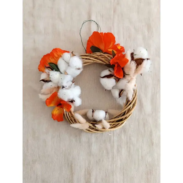 Couronne bohème osier, coton et coquelicots orange - fait main