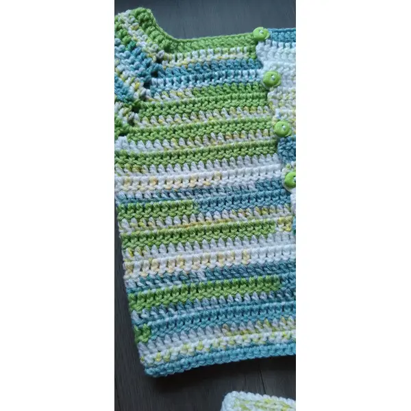 Ensemble gilet et chaussons vert et blanc en laine acrylique pour bébé naissance / 3 mois