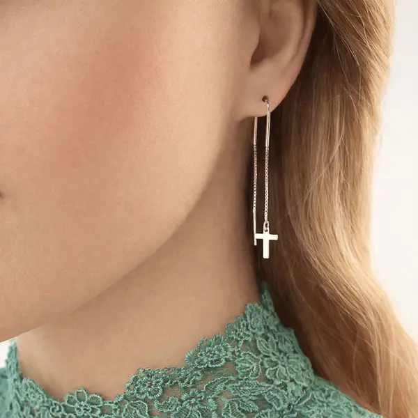 Boucles d’oreilles croix pendantes en argent 925 - boucles d'oreilles traversantes longue chaîne