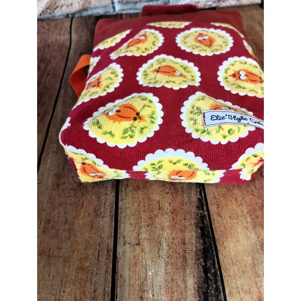 Pochette à livre velours, housse pour livre de poche, chouette orange bordeaux, velours mille-raies, cadeau lecteur lectrice