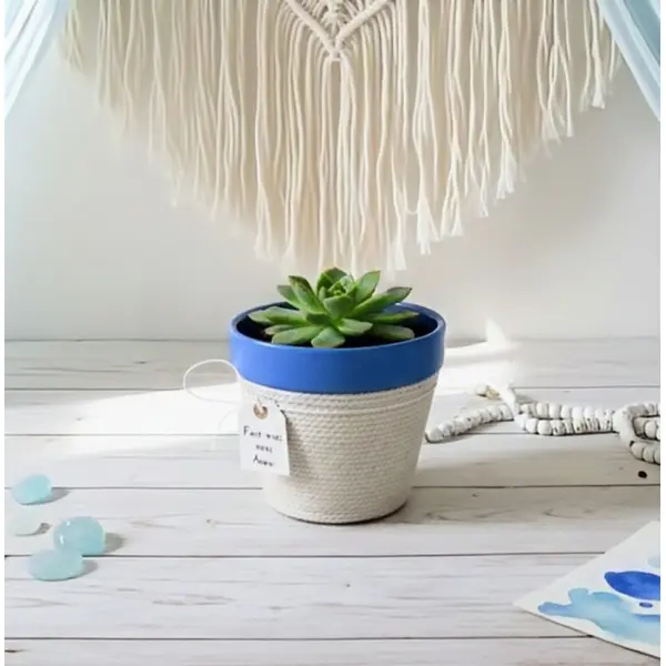 Pot en terre cuite tissé bleu