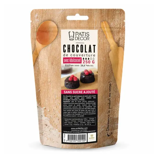 Chocolat de couverture noir sans sucres ajoutés - 53,9% de cacao - 250g - DDM 05/26
