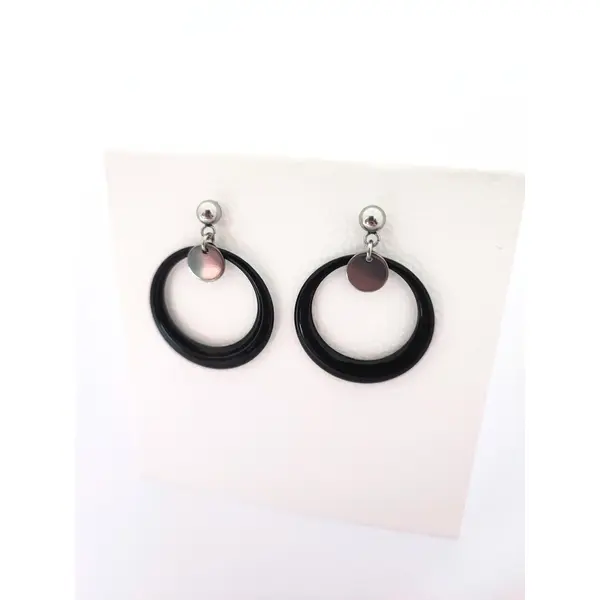 Boucles d’oreilles en acier inoxydable, anneaux émaillés noirs