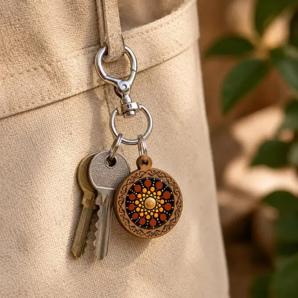 Porte-clés en bois mandala orange, marron & cuivré – peint à la main