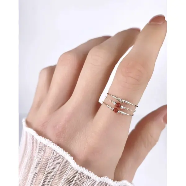 Trio de bagues fines empilables en argent 925 et jaspe rouge - lot de bagues minimalistes en argent 925 ou en or