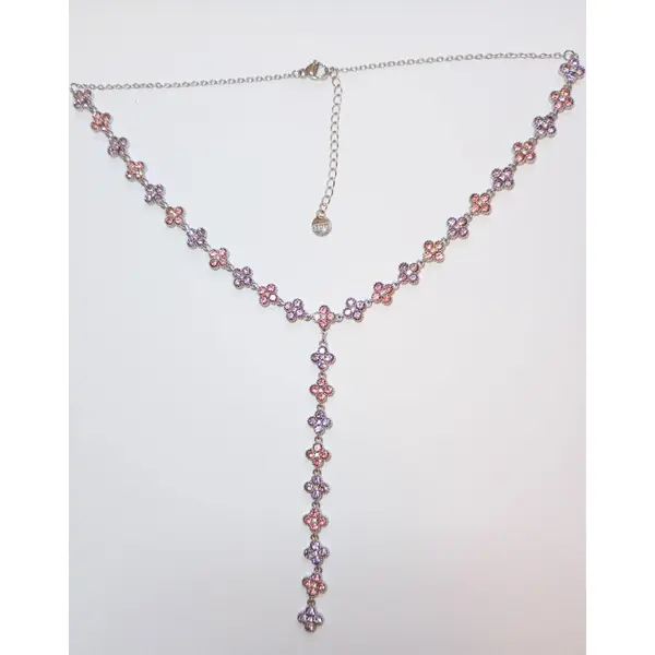 Collier princesse y rose et lavande argenté . sautoir trèfles . tour de cou acier inoxydable | bjou femme - idée cadeau