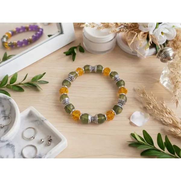 Bracelet perles en verre vert olive et orange