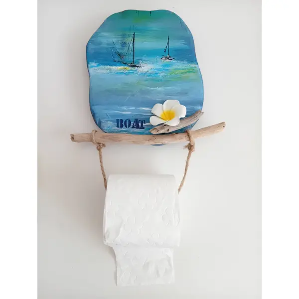 Porte papier toilette marin/exotique (polynésie) avec tronçon de bois peint ( motif voilier)