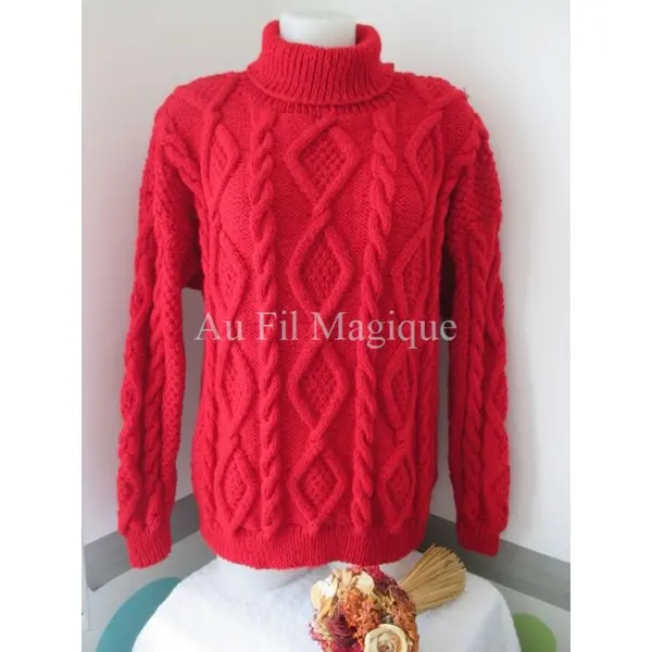 Pull irlandais femme tricot fait-main taille 44/46 couleur rouge
