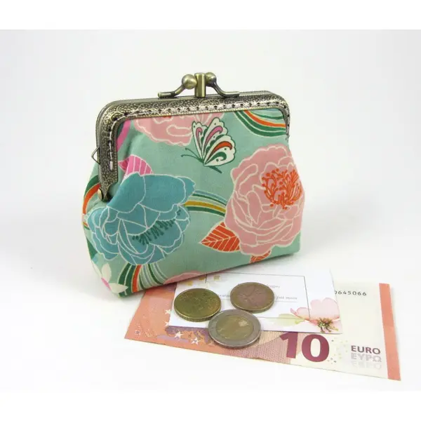 Porte monnaie à double compartiments en coton fleurs et papillons