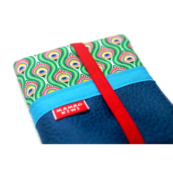 Portefeuille compact femme similicuir turquoise et tissu plumes de paons avec élastique