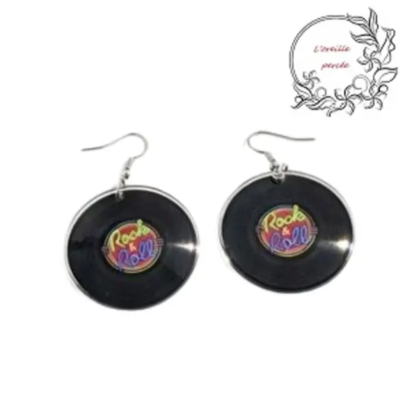 Boucle d'oreille disque vinyle rock § roll