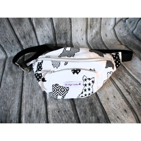Sac banane femme homme, jacquard chiens westie gris, cadeau anniversaire fête des mères pères