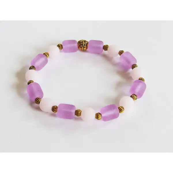 Bracelet boho chic perles verre givré dépoli parme rose