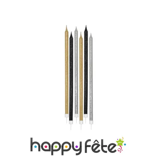 12 bougies grises or et noires pailletées de 15cm