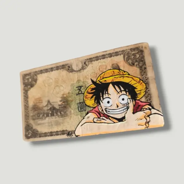 Peinture originale monkey d. luffy one piece sur billet de banque japonais vintage