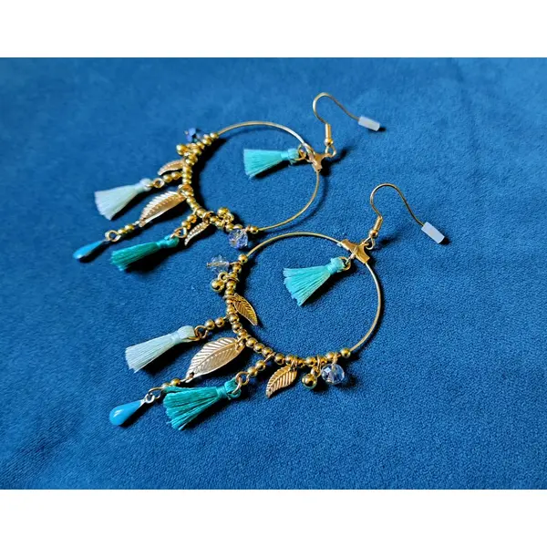 Boucle d'oreille ronde, pompons, feuille, goutte bleu émaillé, perles, crochets en métal acier inoxydable doré