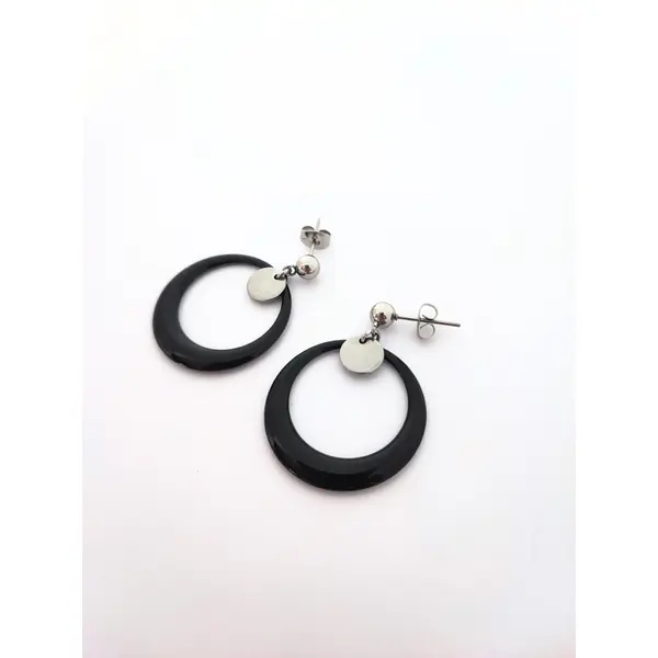 Boucles d’oreilles en acier inoxydable, anneaux émaillés noirs