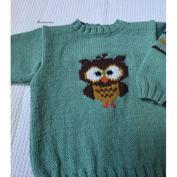 Pull bébé vert motif hibou 12 mois tricoté main