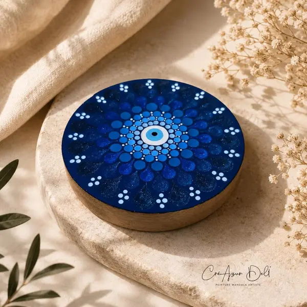 Miroir de poche mandala peint à la main – œil protecteur bleu – miroir compact artisanal – cadeau bohème – pièce unique