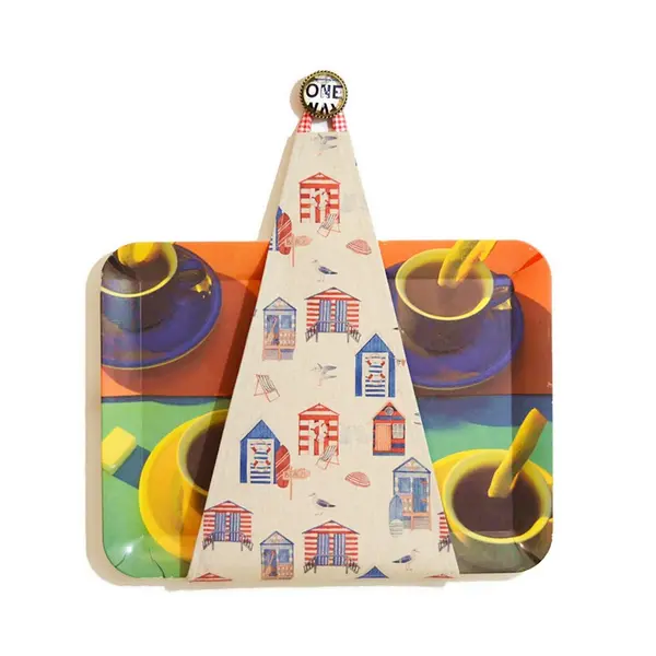 Range plateau ou porte plateau mural cuisine pour plateau rectangulaire, motifs bord de mer, petites cabanes