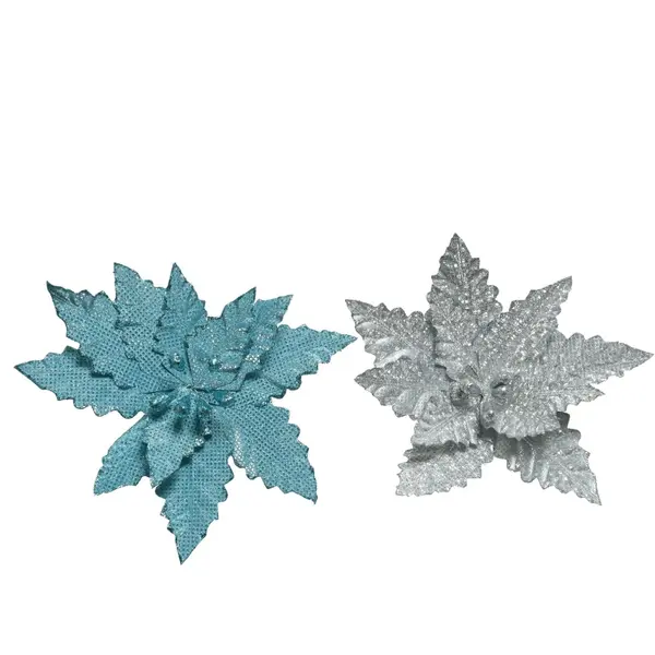 2 Roses de Noël pailletées bleues et argent