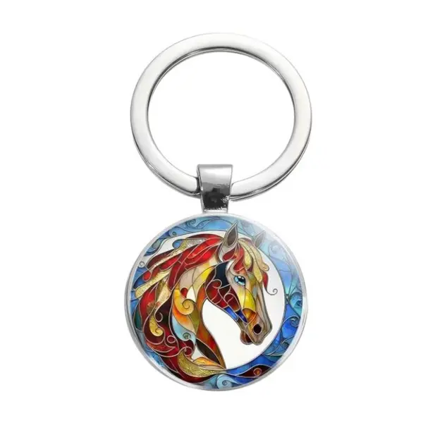 Porte-clés, bijou de sac cabochon tête de cheval multicolore contour bleuté.