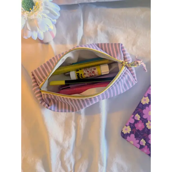 Trousse à crayons rose rayée- trousse de bureau en coton- rangement scolaire femme- pochette stylos fait main- cadeau femme.