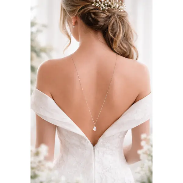 Collier de dos mariage en cristal – bijou dos nu élégant pour mariée- goutte de lumière